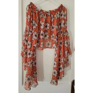 TRUTH nyc Orange Floral Smocked with Bell Sleeves Sheer Size Large Boho Whimsy